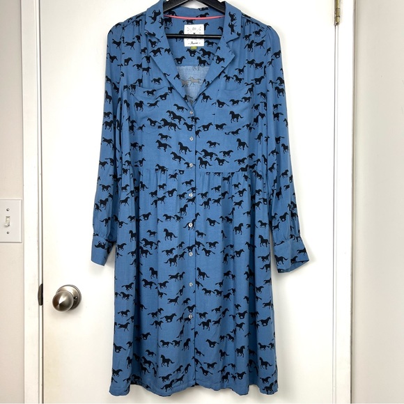 ANORAK Dresses & Skirts - Anorak Horse Print Babydoll Tie Back Dress size 12 Blue Multi Twee Westerncore